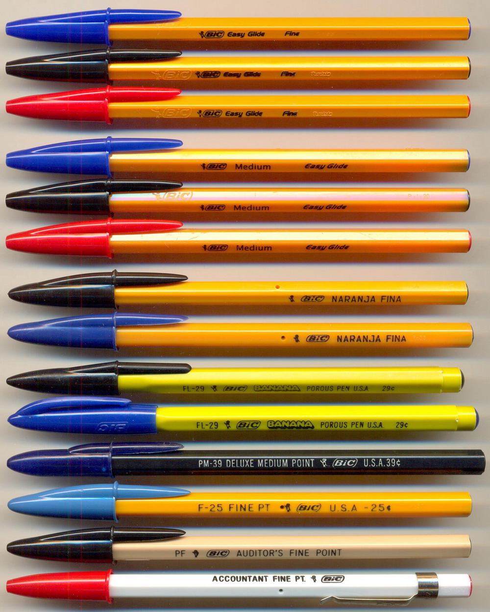 BIC Fine  / Medium Easy Glide  / NARANJA FINA / BANANA POROUS PEN / DE LUXE MEDIUM POINT / FINE PT / AUDITOR'S FINE POINT / ACCOUNTANT FINE PT.