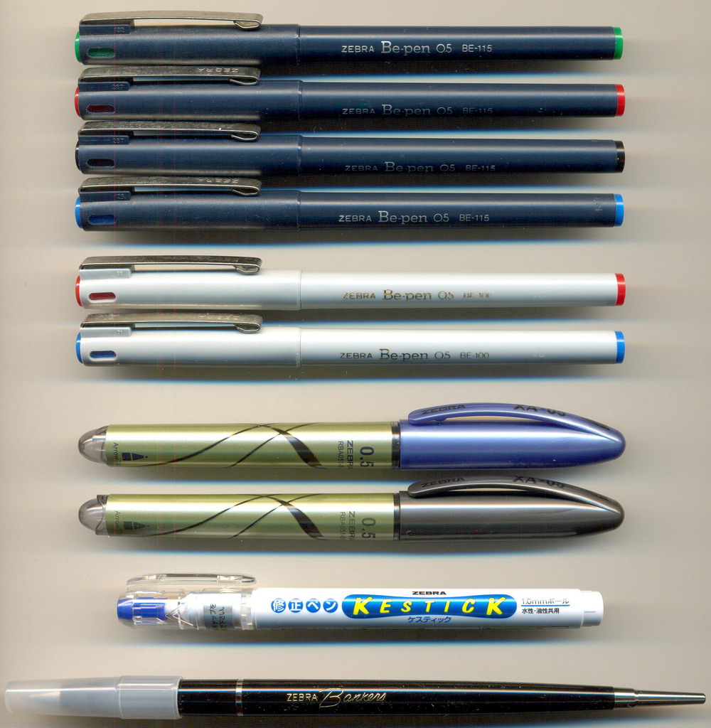 ZEBRA Be-pen 0.5 BE115 - Be-pen 0.5 BE100  / XA - 05  ROLLERBALL RBA051 / K E S T I K 1.0 / Bankers  BO-150